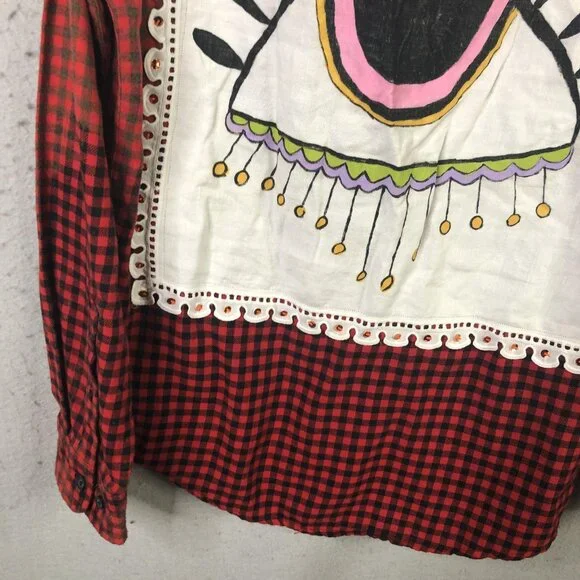 Timber June Shirt Large Red Check Flannel Evil Eye Sequin Back Boho Graphic - Picture 9 of 16